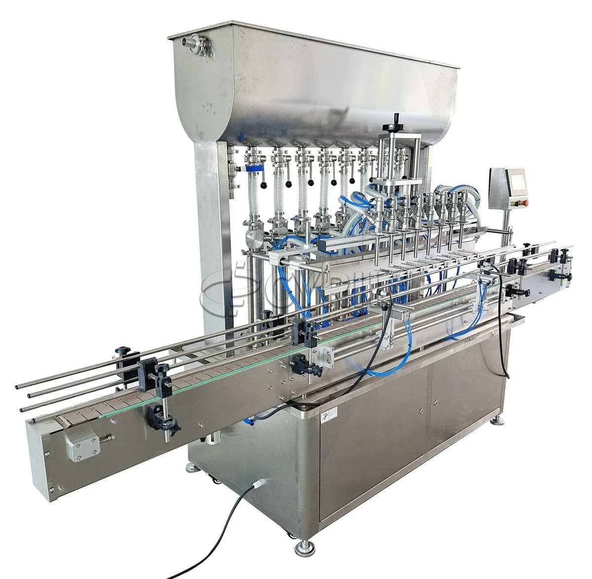 Stainless-steel filling machine with a conveyor and multiple filling heads