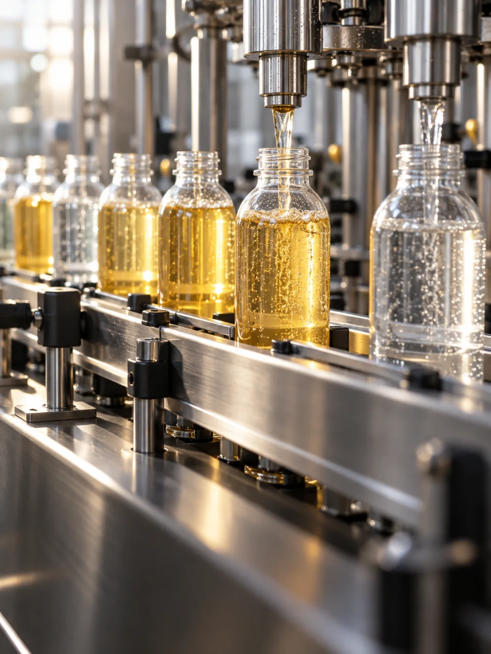 Clear bottles of juice and water on a stainless-steel filling conveyor