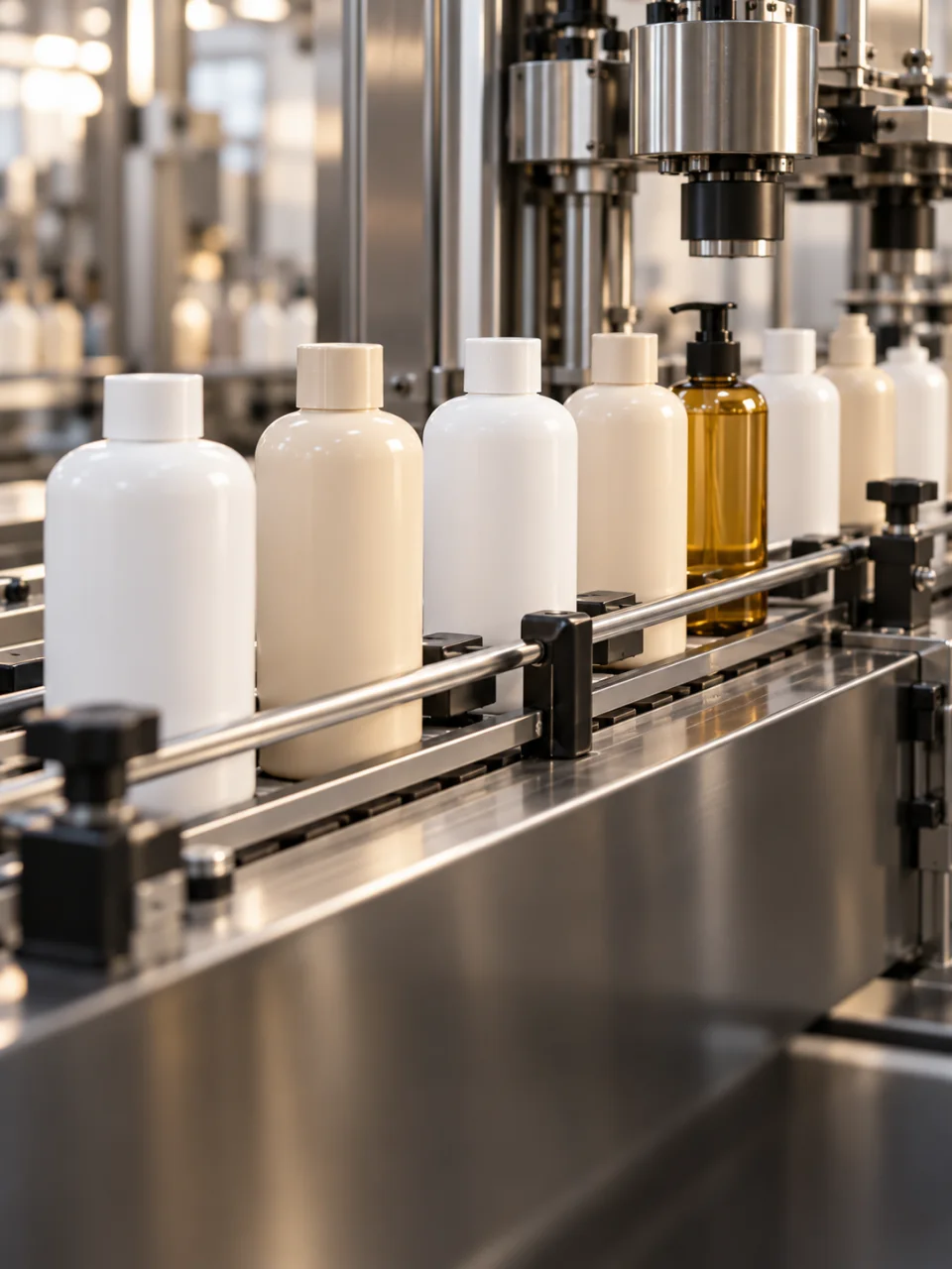 Shampoo and lotion bottles on a personal-care packaging conveyor