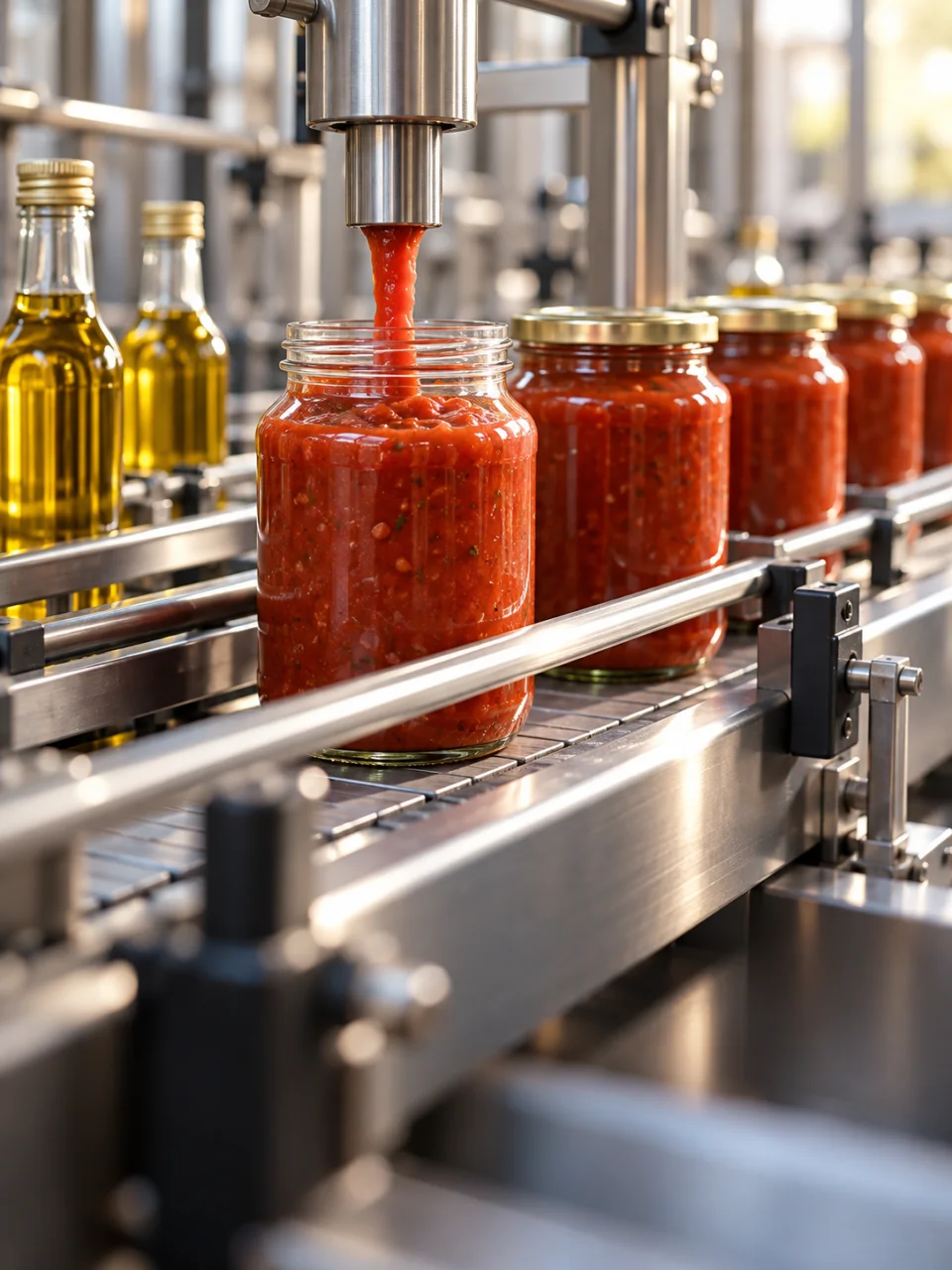 Tomato sauce jars and cooking oil bottles on a food packaging conveyor
