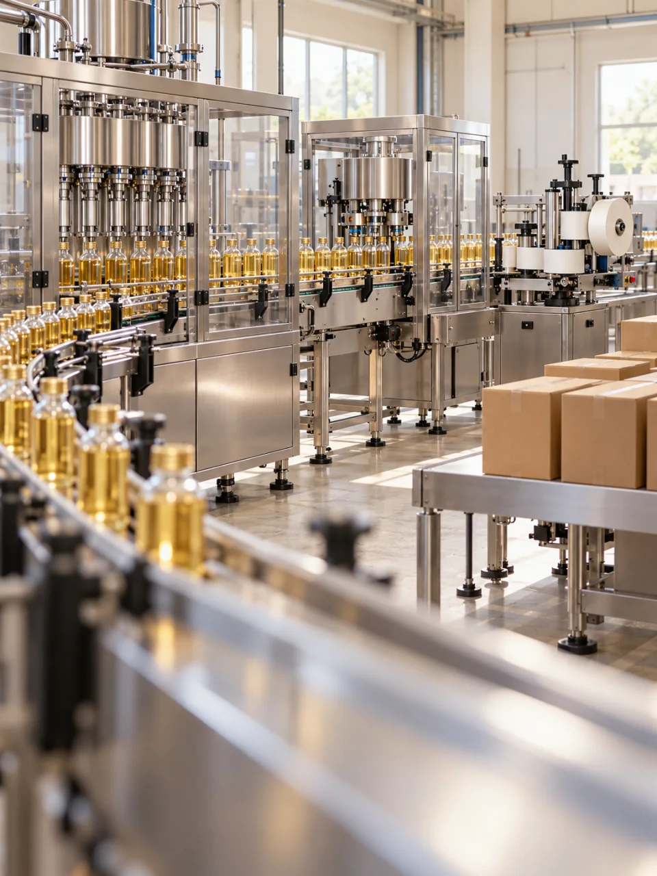 Connected filling, capping, labeling and packing stages along a bottle conveyor